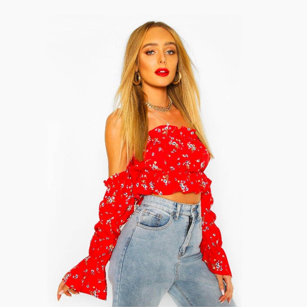 Boohoo Red Off The Shoulder Floral Ruffle Long Sleeve Crop Top - Size 6